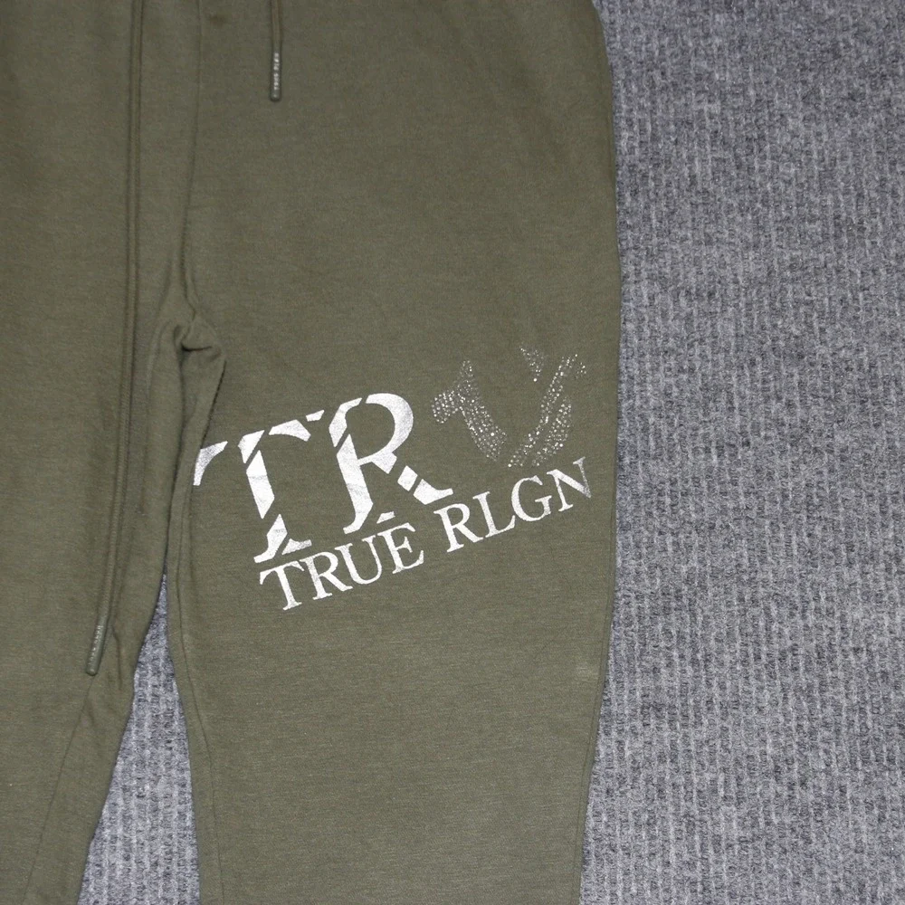 True Religion Mens Jogger Sweatpants Olive Green TR Logo Size M Rhinestones‎